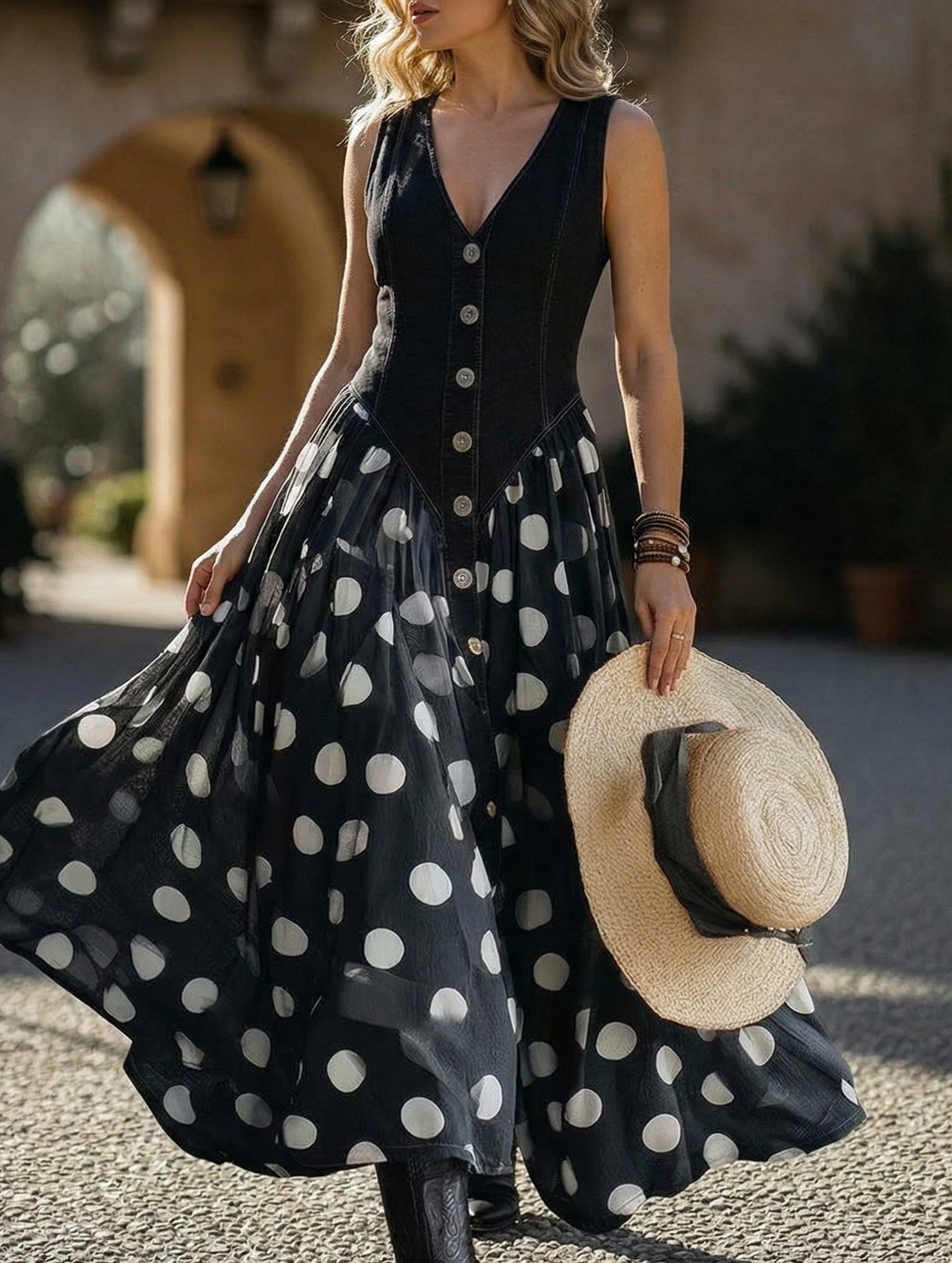 Denim Patch Polka Dot Maxi Dress