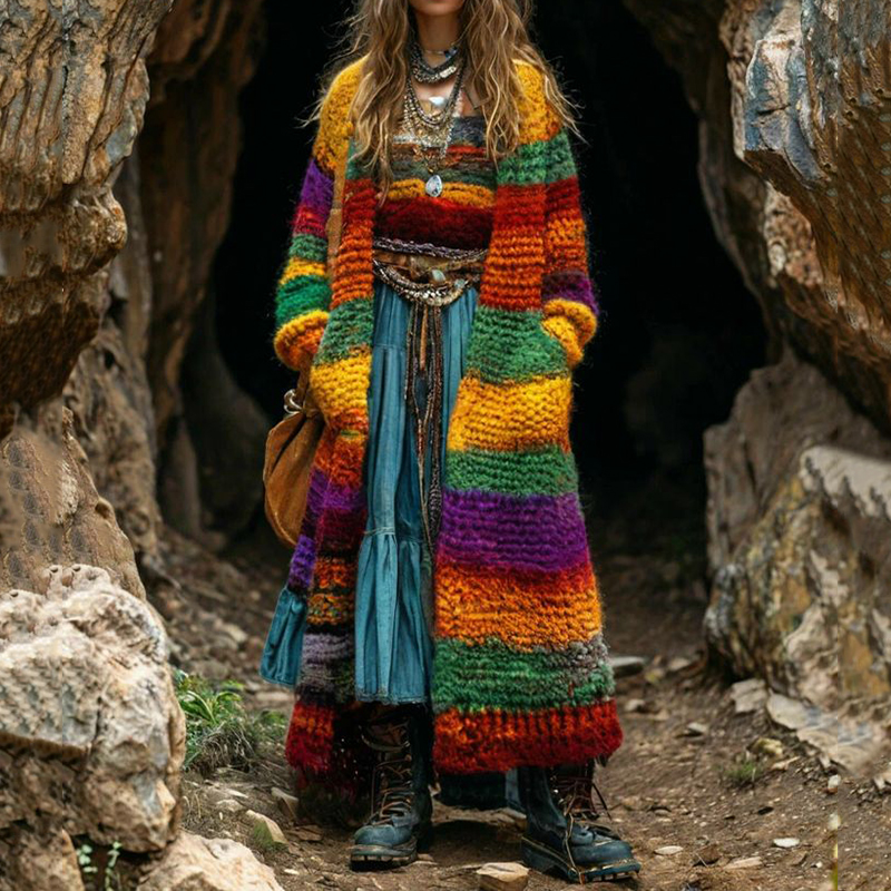 Women's Colorful Rainbow Patchwork Pattern Print Cardigan d1c0