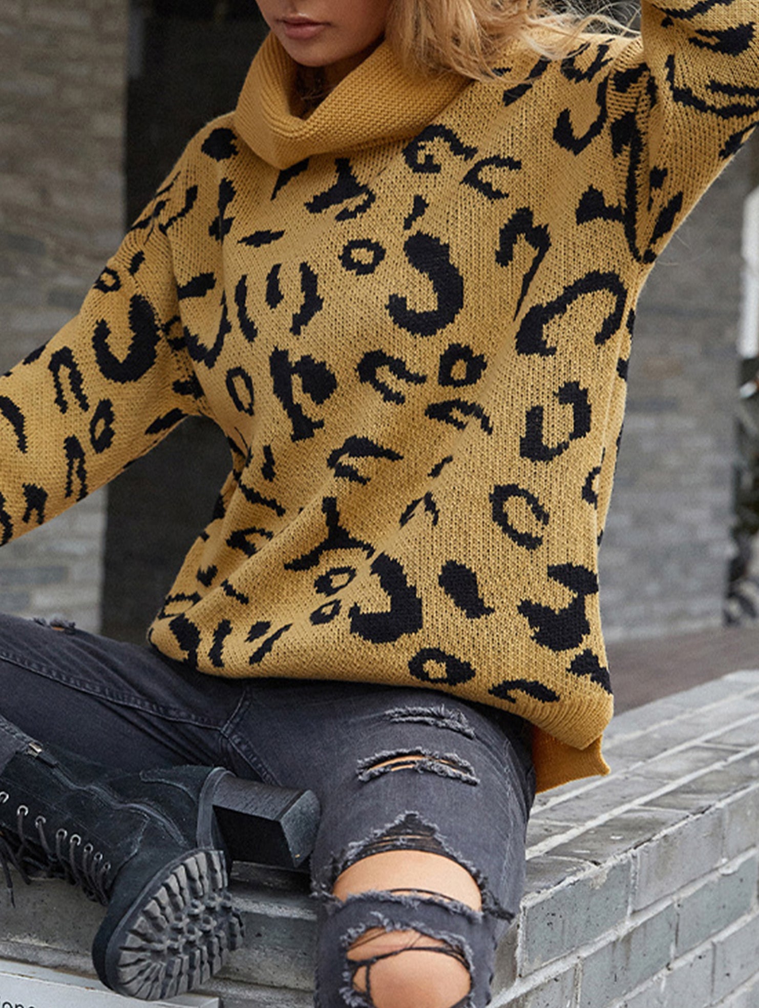Leopard Knit Pullover Sweater with Side Slit
