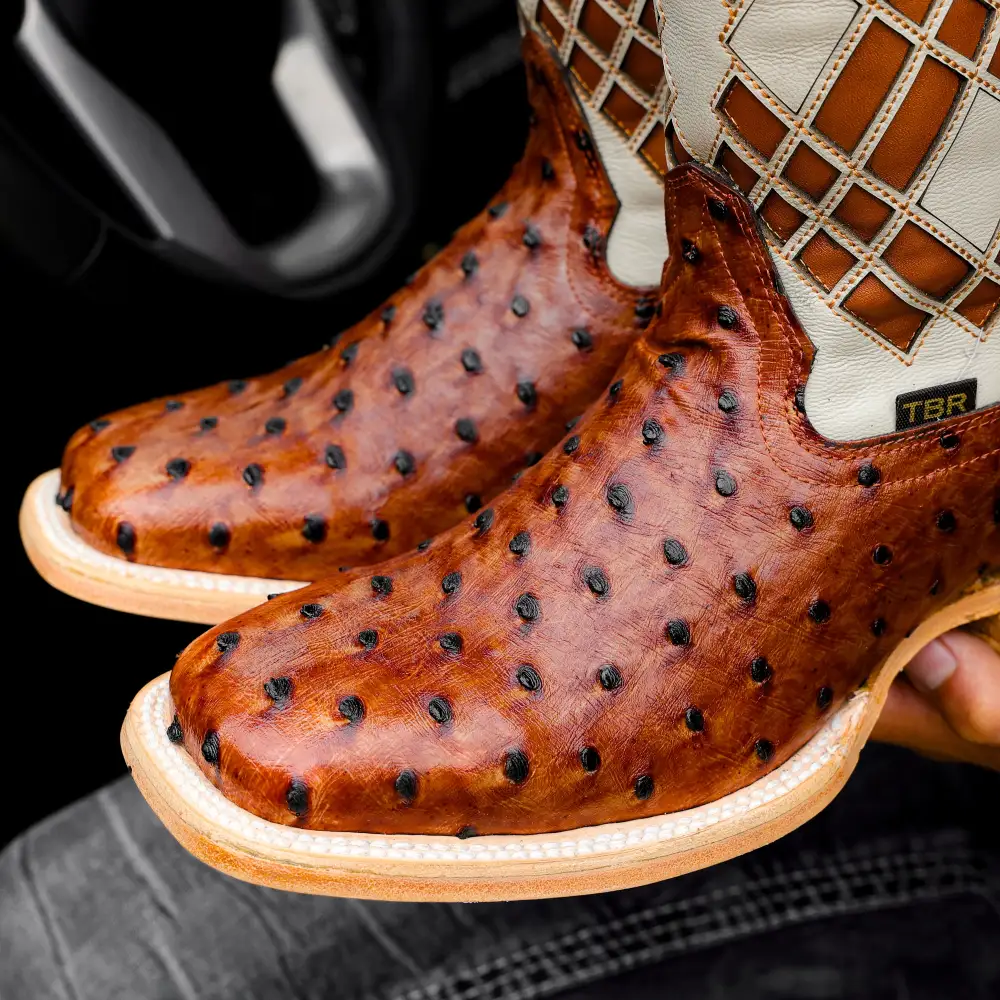 Cognac Ostrich Leather Boots - Square Toe