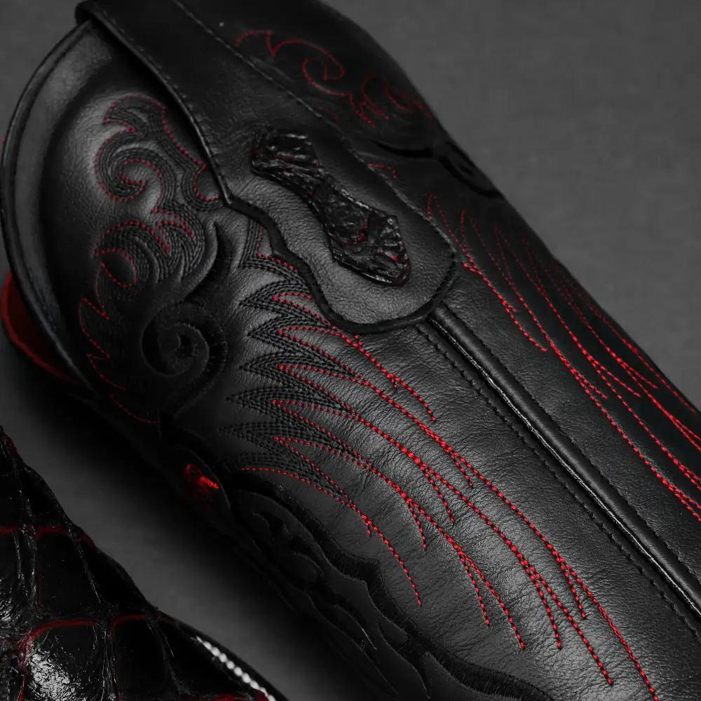 Black/Red TBR Pirarucu Leather Boots - Square Toe