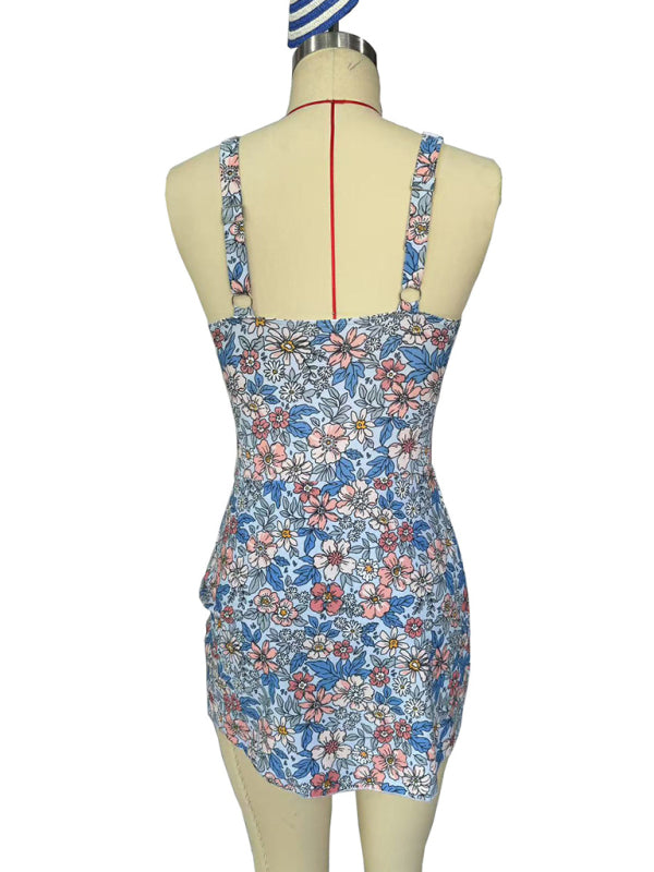 Sexy Slim Skirt Blue Floral Print One-Piece Swimsuit Bikini