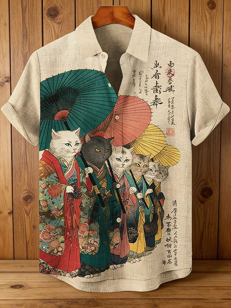 Men's Funny Cat Calligraphy Japanese Art Print Short Sleeve Shirt