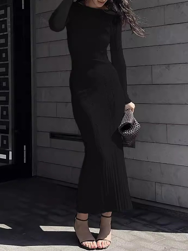 Pleated Solid Color Split-Joint Bodycon Long Sleeves Round-Neck Maxi Dresses Evening Dresses