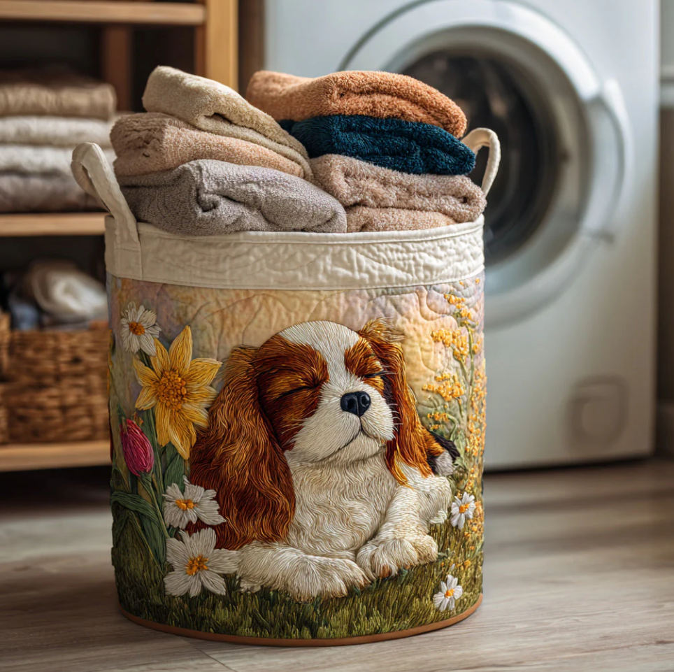 Vivid Cavalier King Charles Spaniel Pattern Quilted Laundry Basket Eco-Friendly Machine Washable Storage Organizer for Home Bathroom Bedroom | Dog