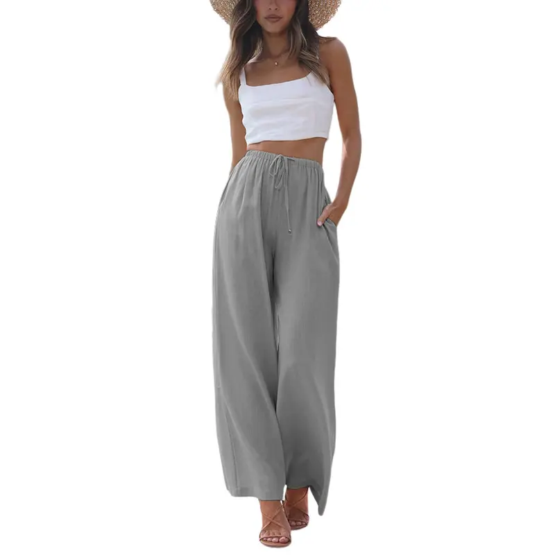 Women's Cotton Linen Summer Palazzo Pants Flowy Wide Leg Beach Trousers with Pockets Casual Womenswear