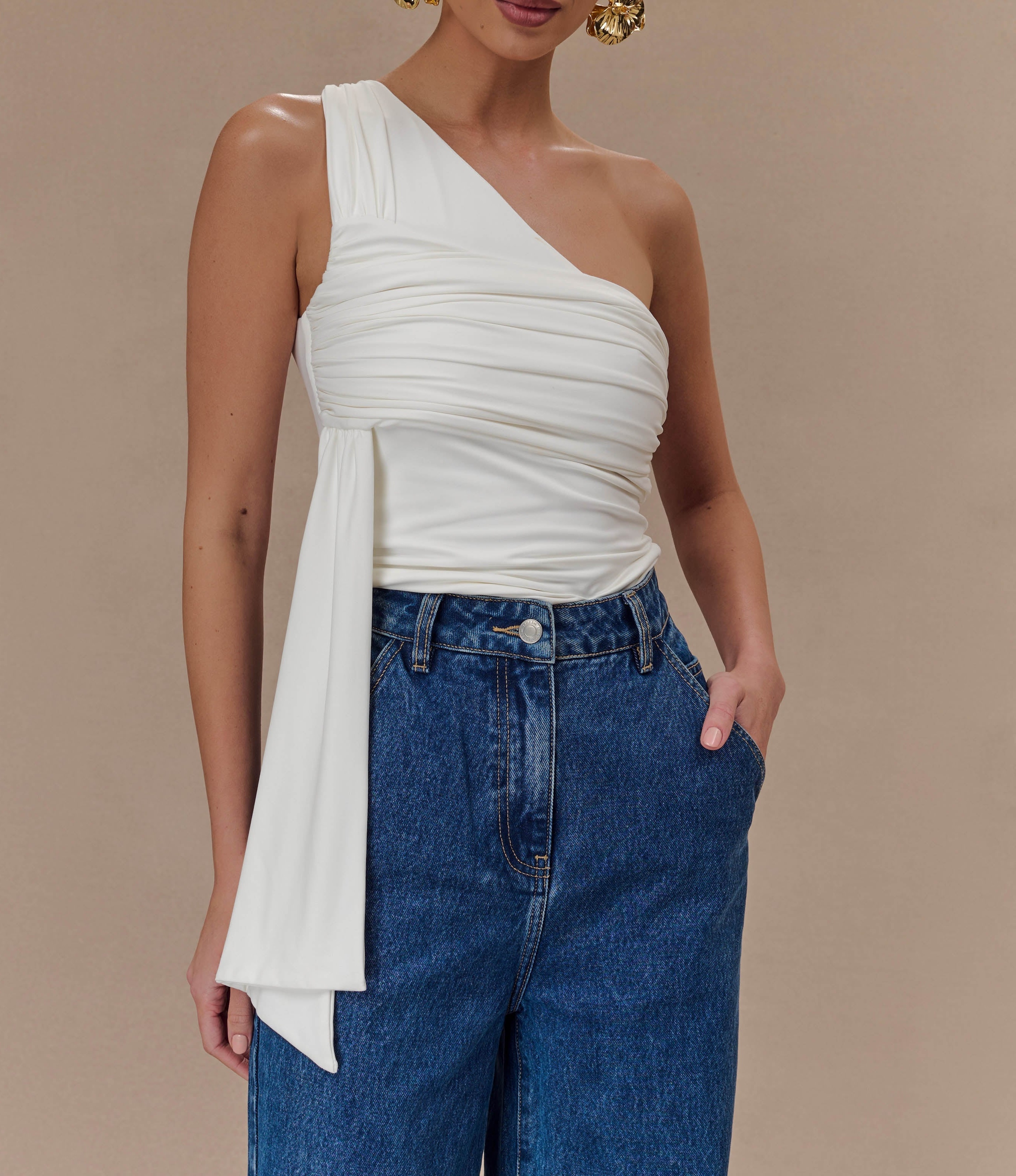 Ivory One Shoulder Recycled Nylon Top With Drape