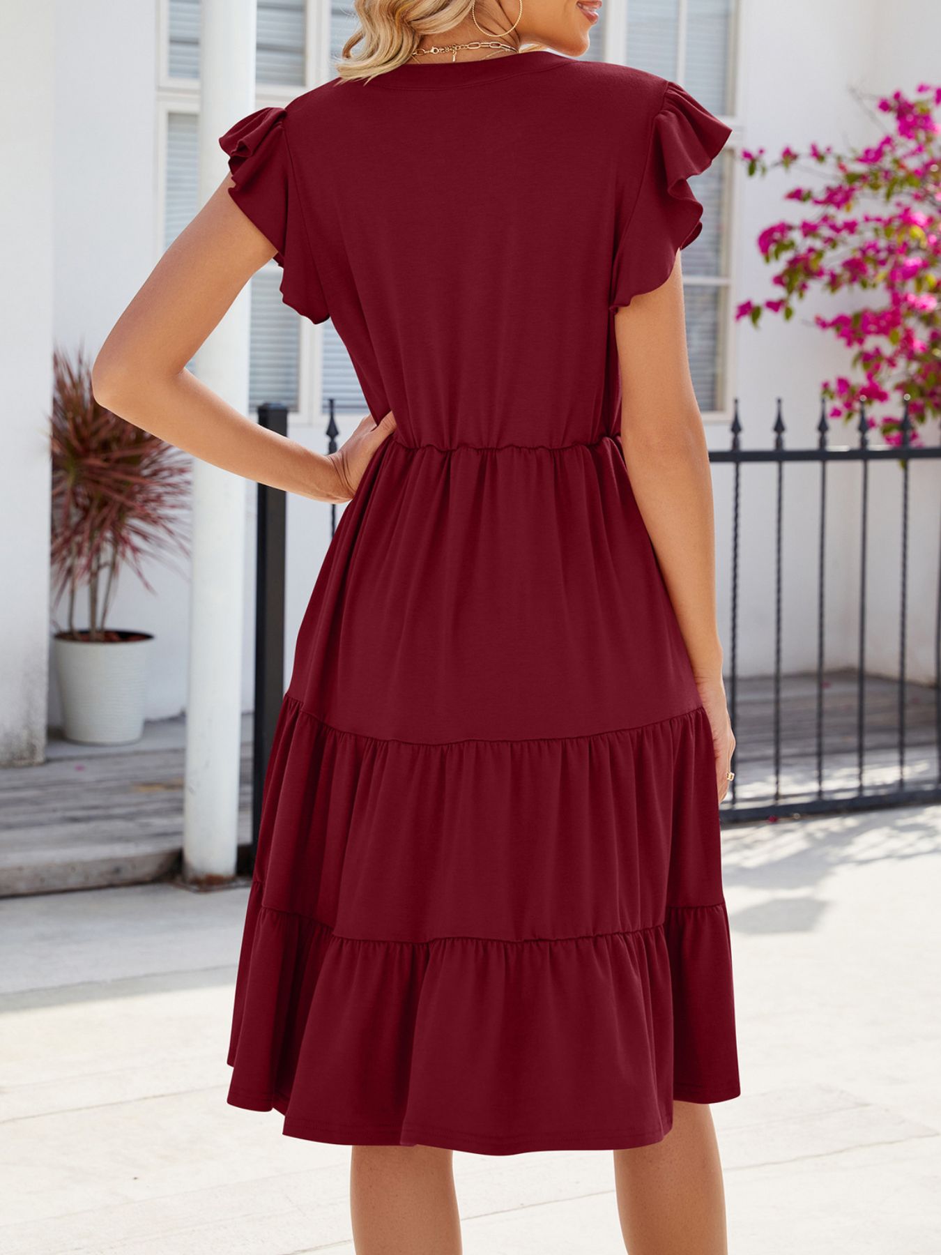 Ruffled Notched Tiered Midi Dress