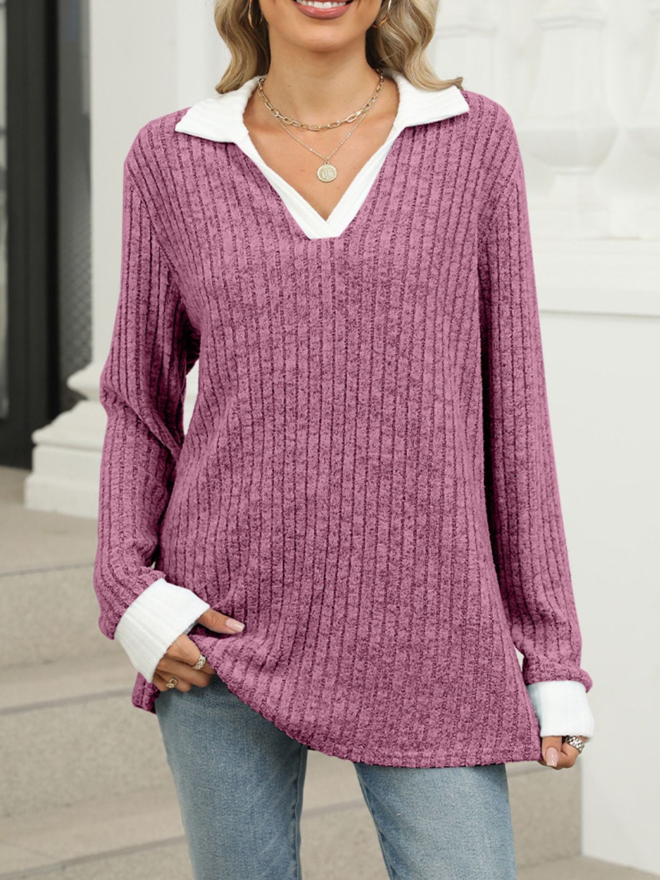 Ribbed Knit Long Sleeve T-Shirt