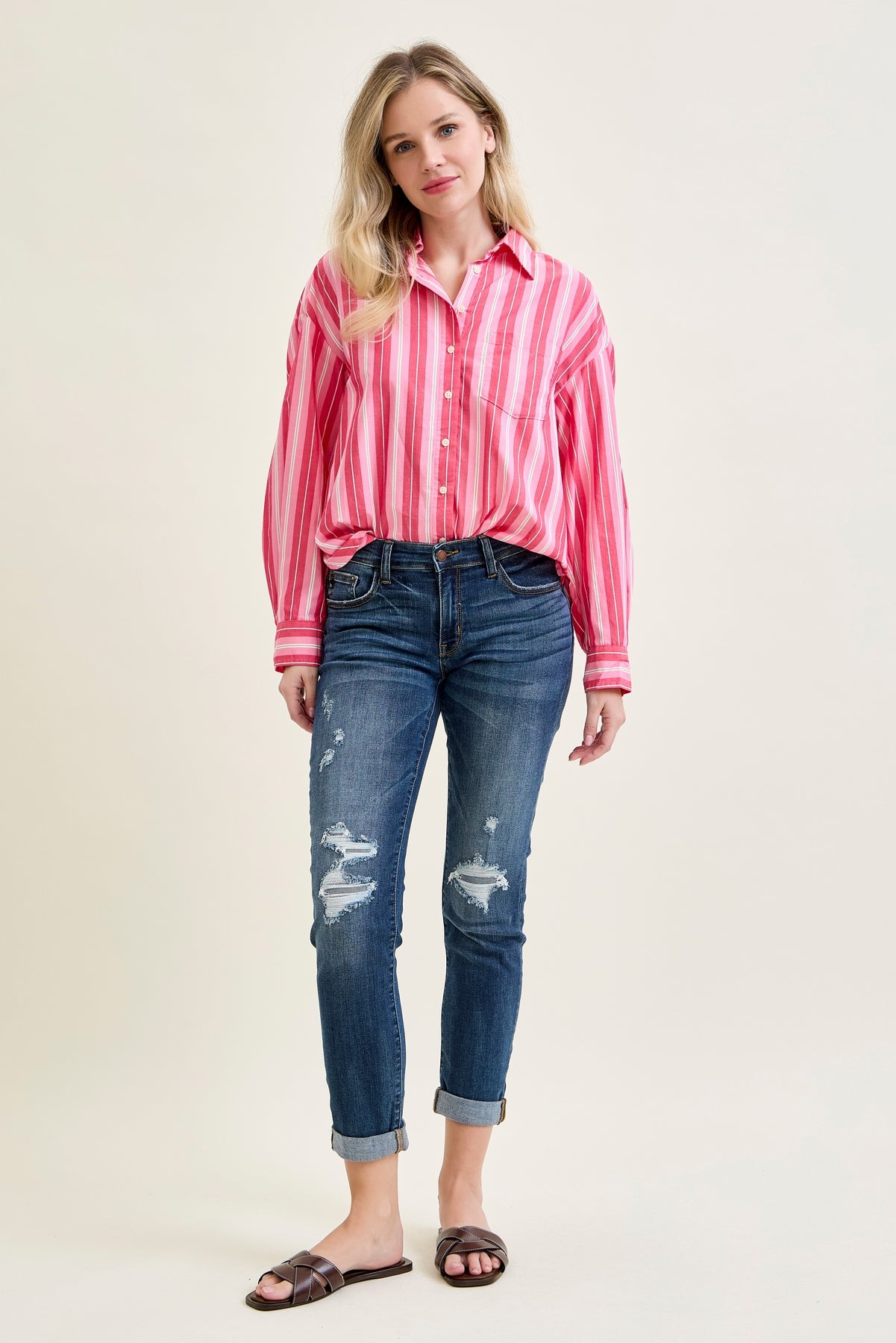 Aubree Mid Rise Distressed Boyfriend with Cuffed Hem
