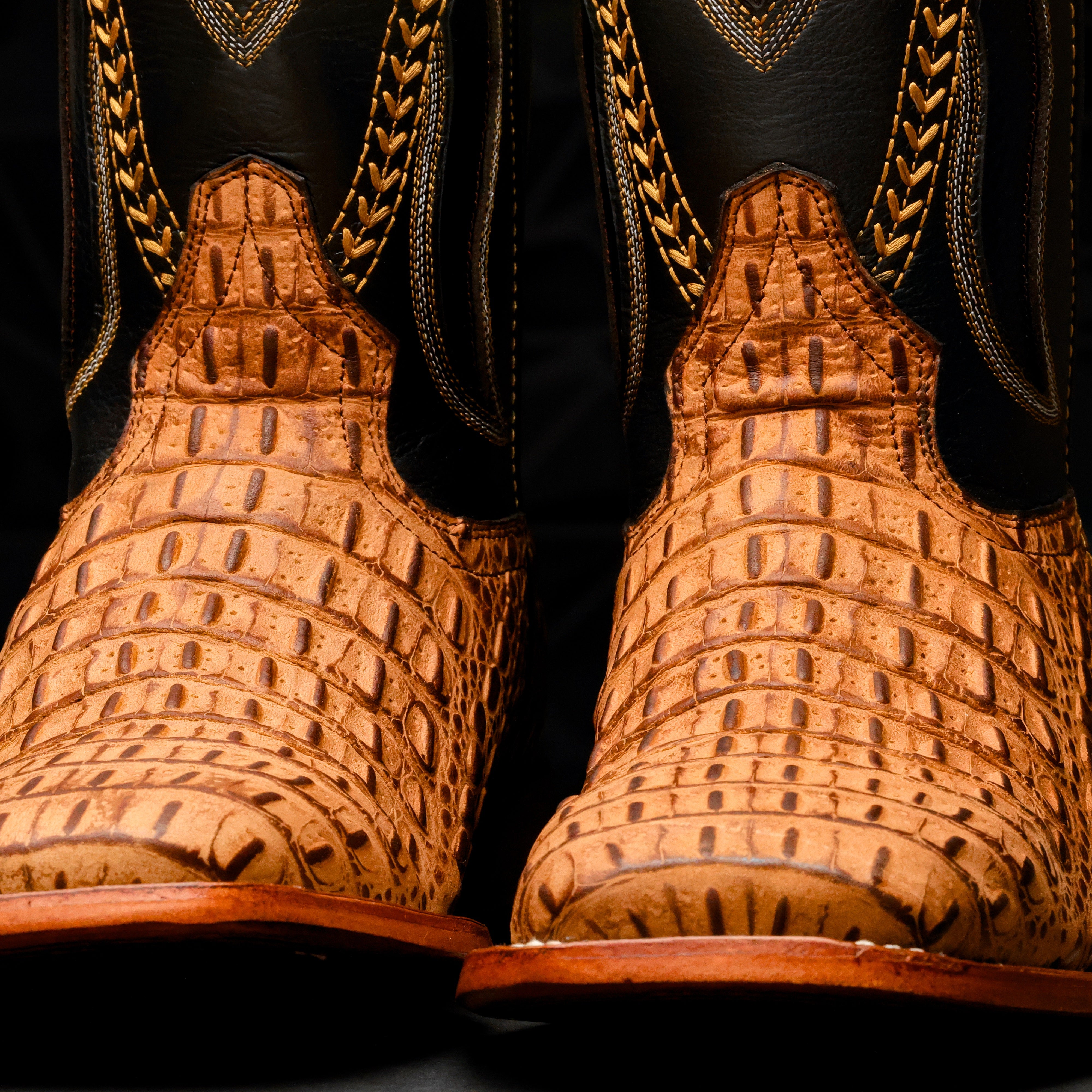 Matte Honey Caiman Hornback Leather Boots - Square Toe