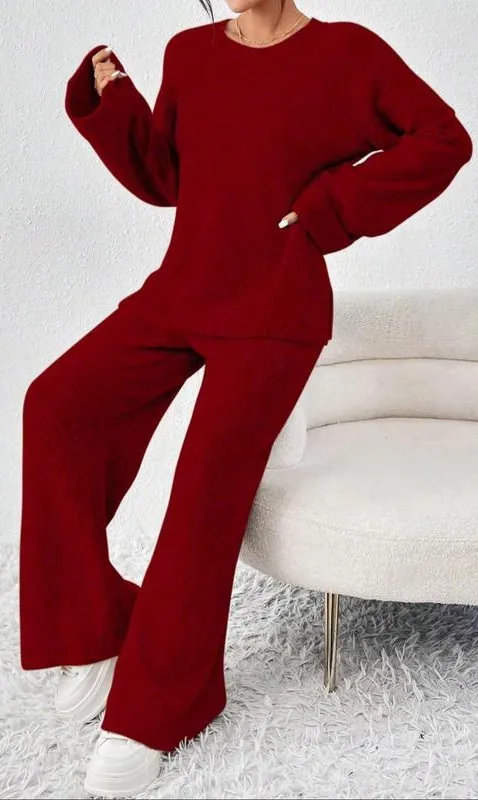 Women's Raglan Sleeve Split Long Sleeve Sweater & Elastic Waist Pants Set