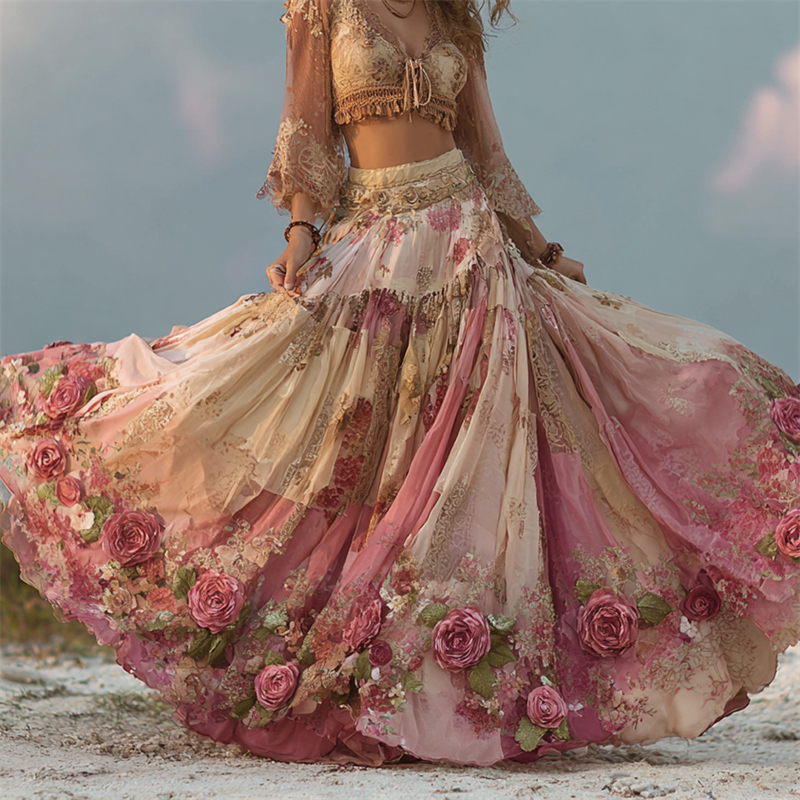 Boho Pink Roses Cottagecore Floral Patchwork Flowy Wide Skirt