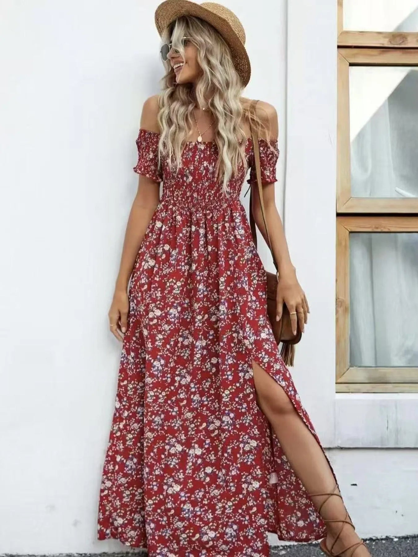 Full Size Slit Off-Shoulder Floral Midi Dress Plus Size
