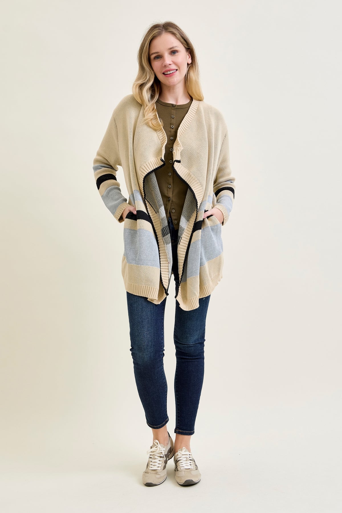 Drape Stripe Cardigan Beige Sweater