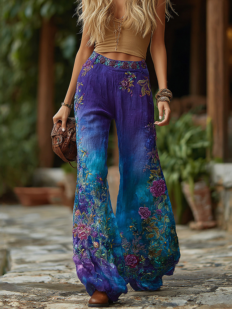 Classy Vintage Purple And Blue Lavender Patchwork And Floral Embroidered Art Gradient Linen Pants