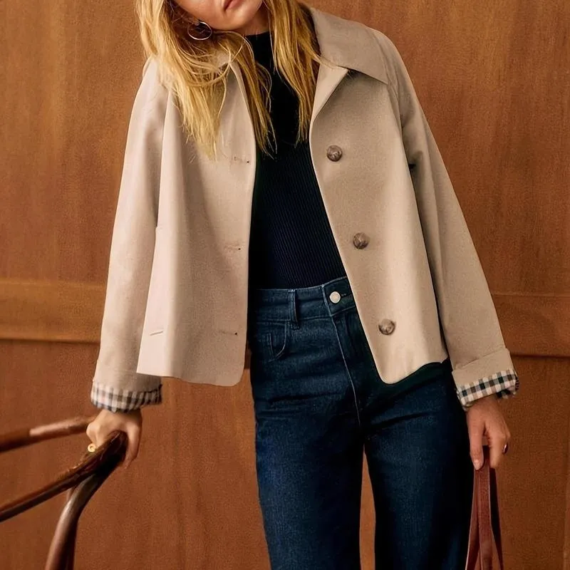 Women Casual Fall Jacket Lapel Neck Button-Down Long Sleeve Coat