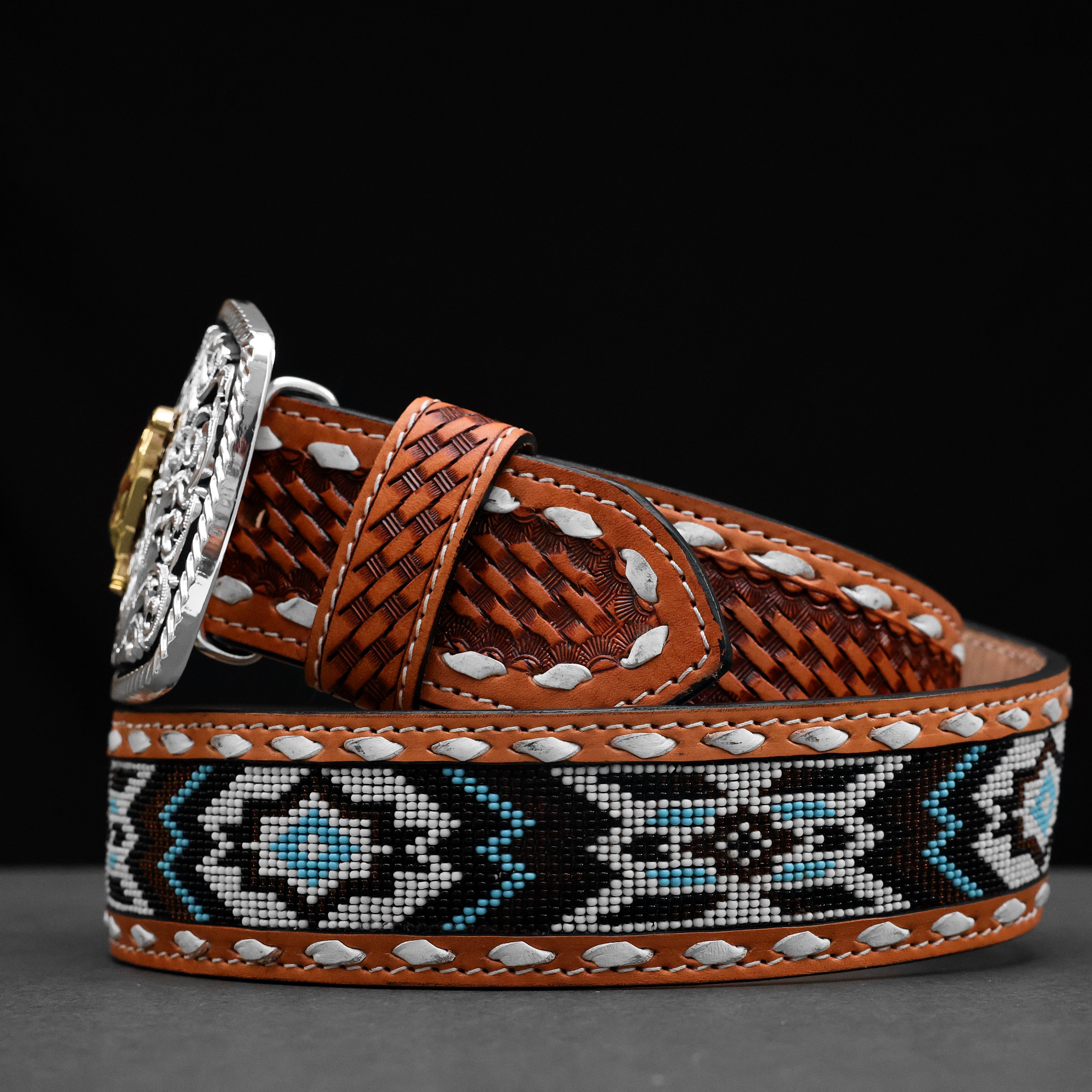 2 Inch Hand-Tooled Artesanal Beaded Leather Belt