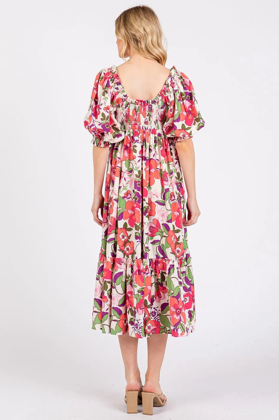 Mittoshop Flower Print Puff Sleeve Ruffle Smocked Midi Dress