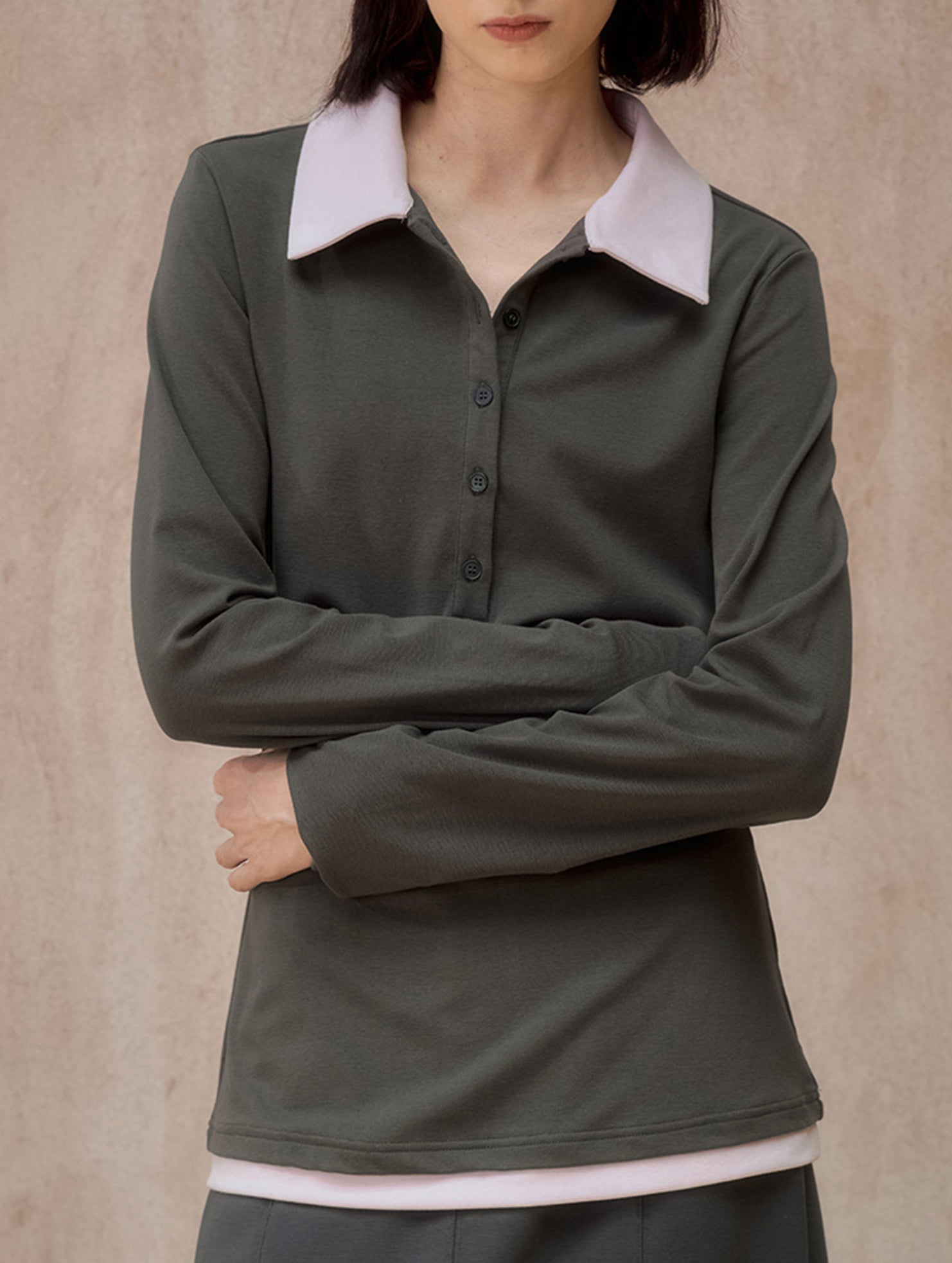 Color Block Faux Two Piece Polo Tee_CWTTL01218