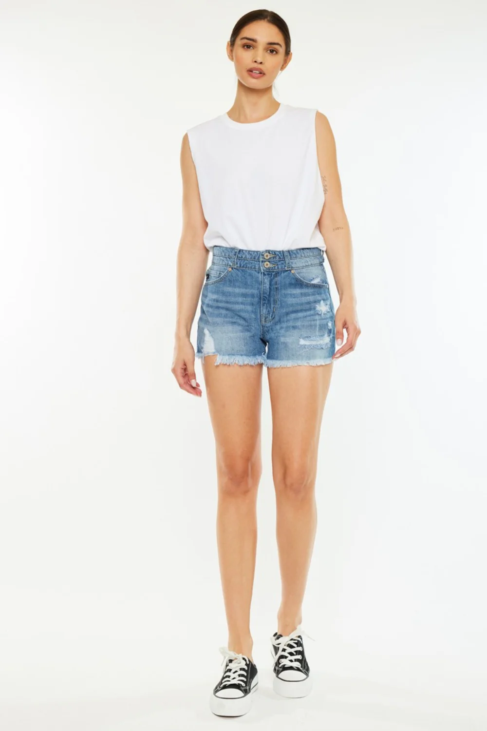 High Rise Raw Hem Denim Shorts by Kancan