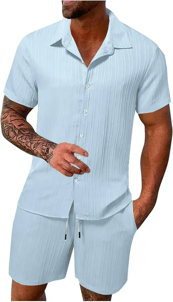 Men'S Solid Textured Short Sleeve Button Front Shirt & Pocket Drawstring Waist Shorts Two-Piece Set, Casual Summer Outfits Clothes Set For Men, Sets For Men Clothing, Menswear,  Summer Outfits Set