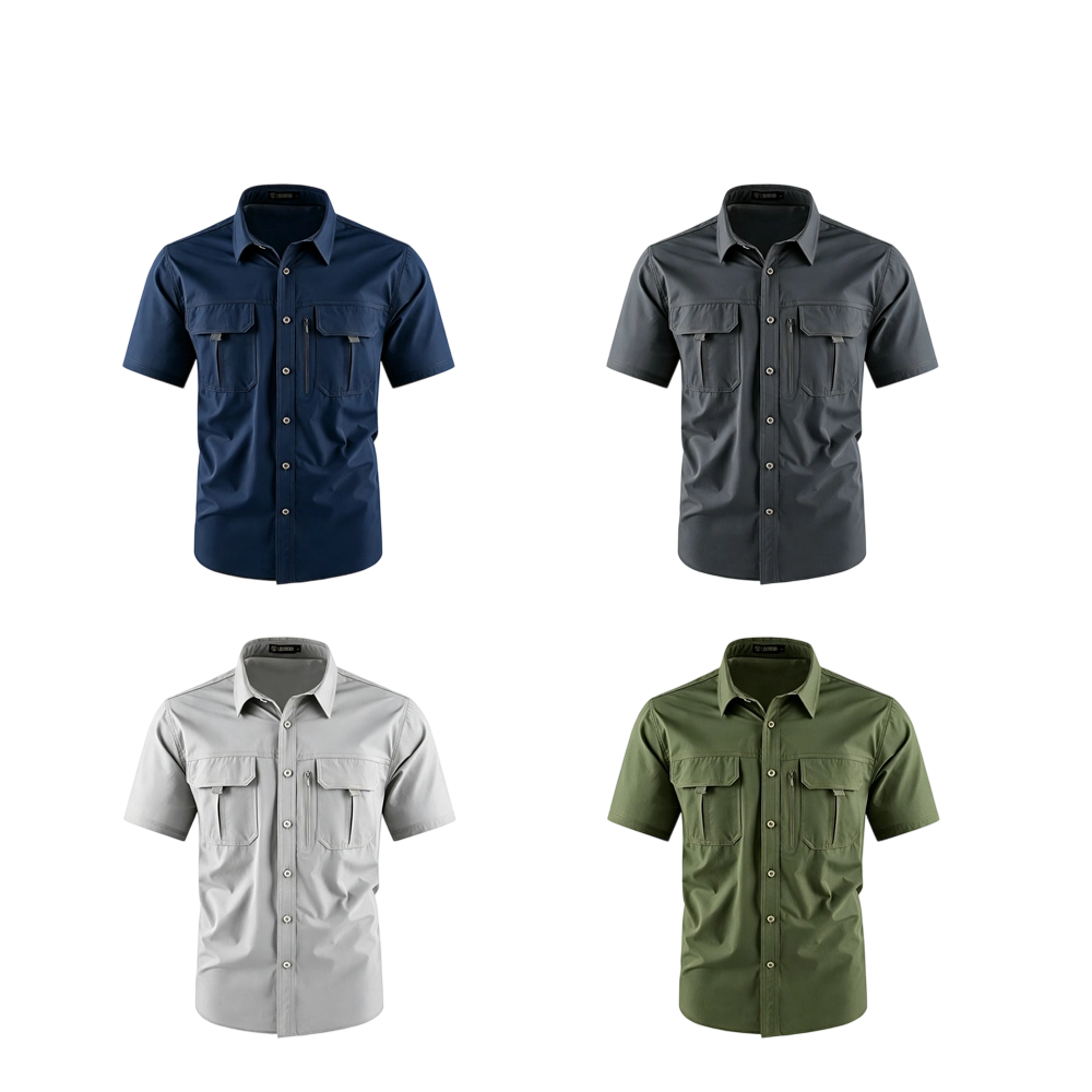 Men's American-Style Solid Color Shirt with Hidden Ventilation Holes Casual Summer Beach Nylon Shirt High-Quality Fabric Short Sleeves Button Closures