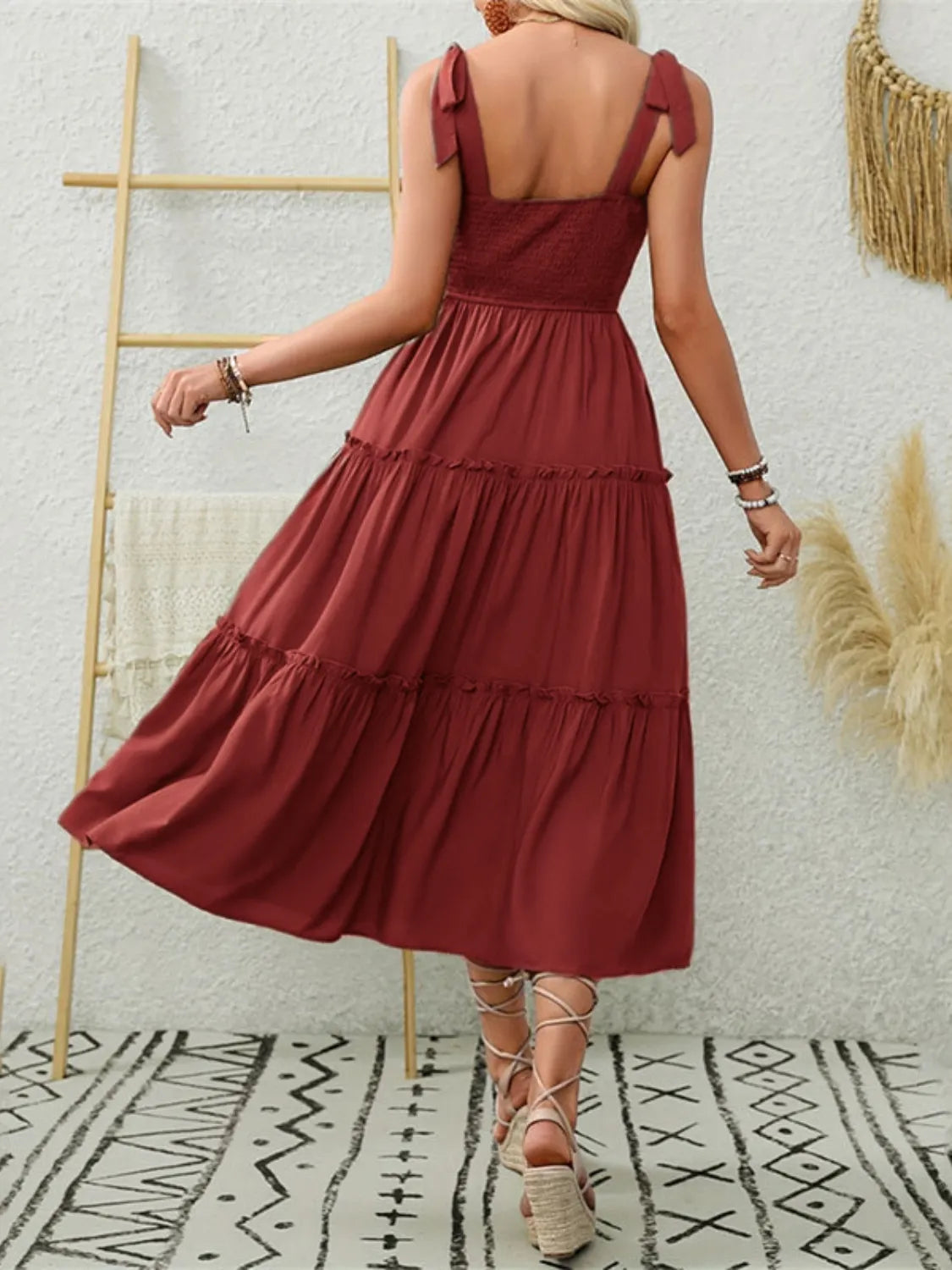 Smocked Tiered Midi Dress with Tie Straps