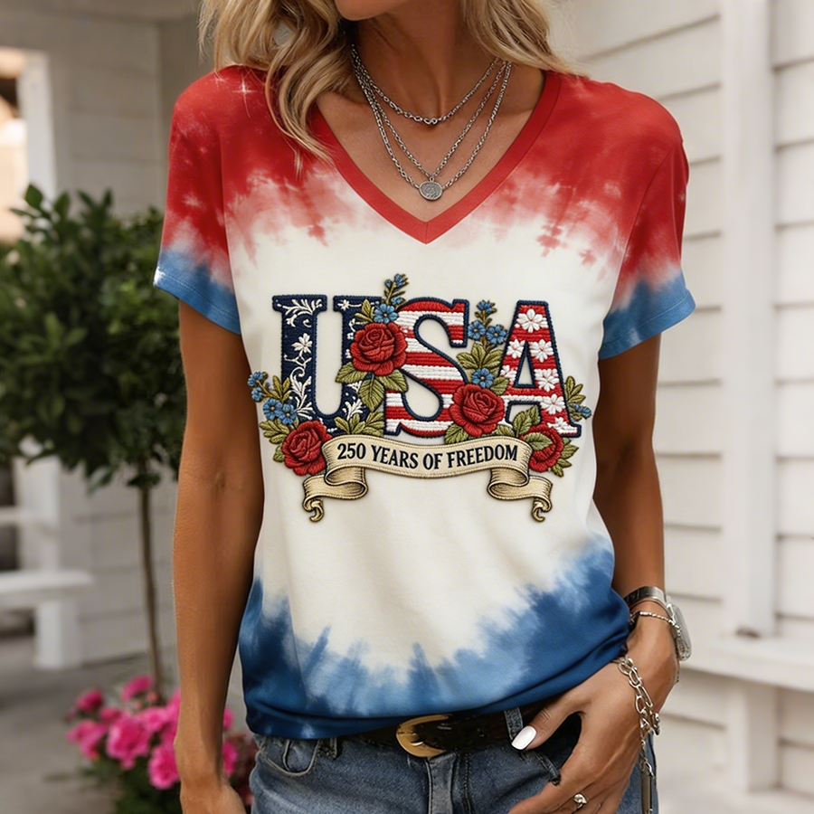 Women's Tie Dye USA Embroidered 250th Anniversary V-Neck T-Shirt