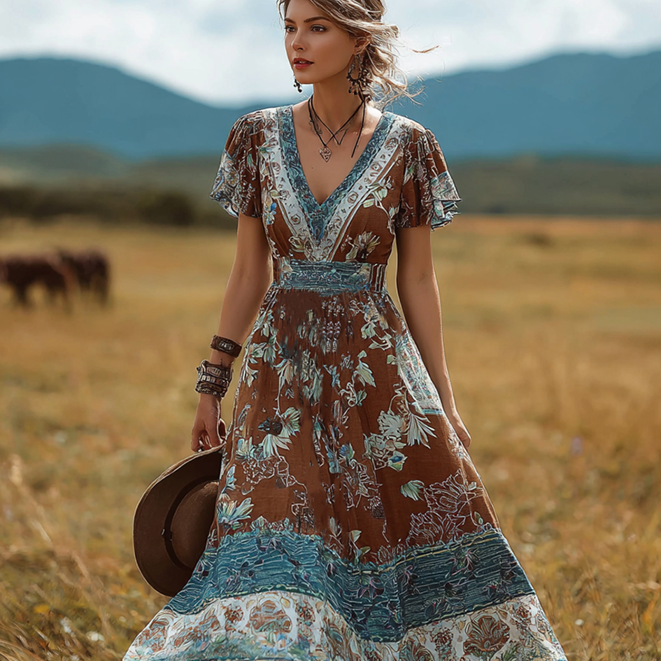 Bohemian Style Retro Floral Pattern Women's V-neck Dress