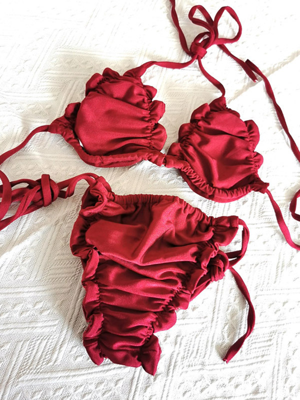 Sexy Solid Color Triangle Ruffled Lace-Up Bikini Swimwear