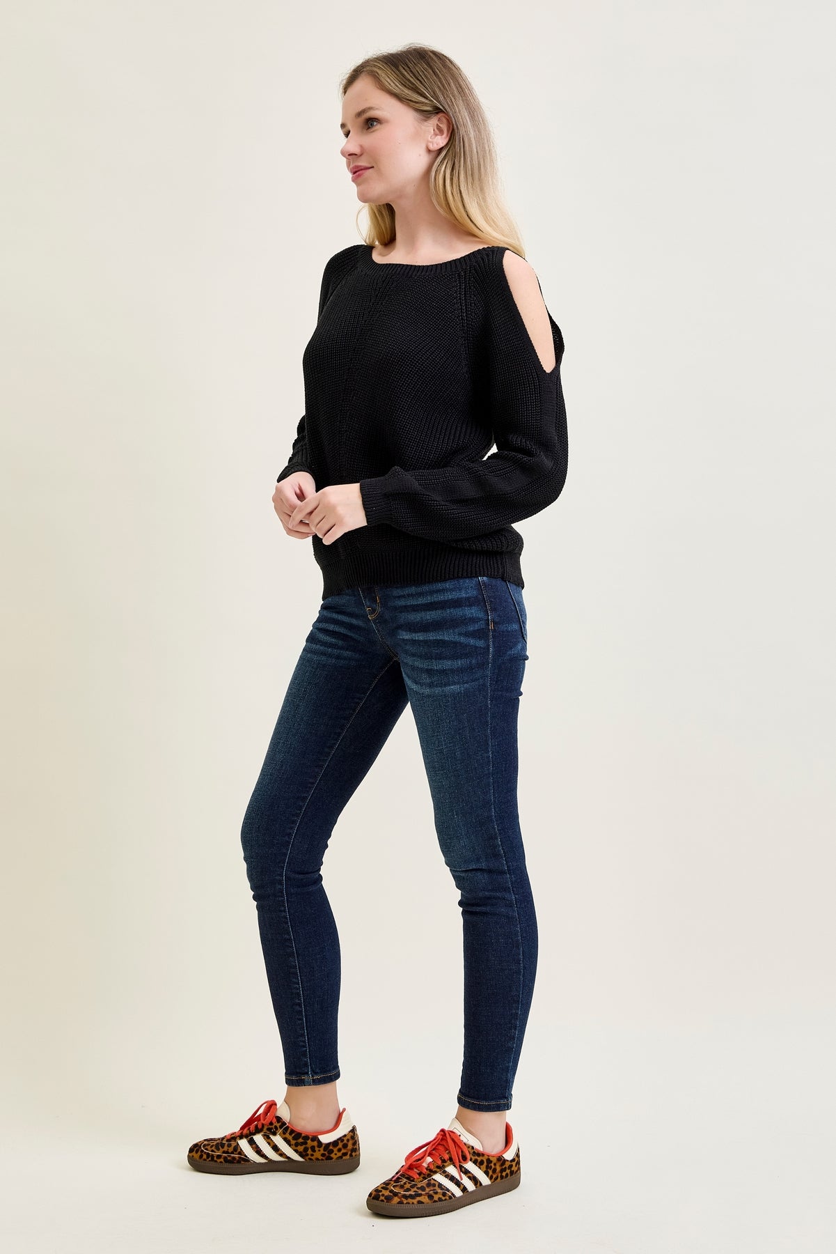 Chevron Stitch Cold Shoulder Black Sweater