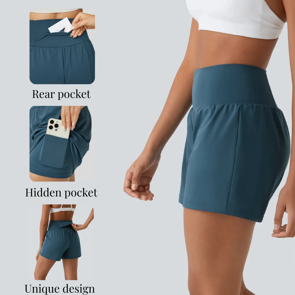 Super High Waisted Back Pocket & Side Hidden Pocket 2-in-1 Yoga Shorts