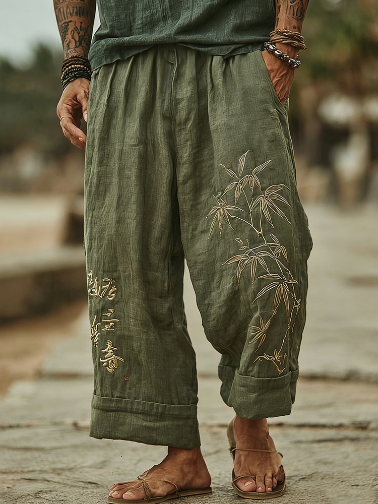 Men's Japanese Bamboo Art Wide Leg Linen Pants
