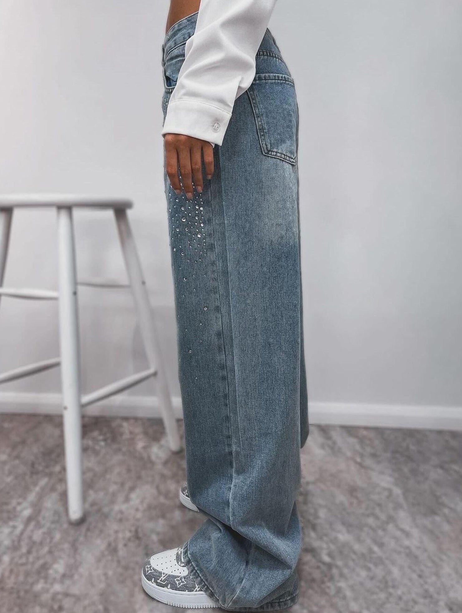 Retro loose-fitting rhinestone denim jeans