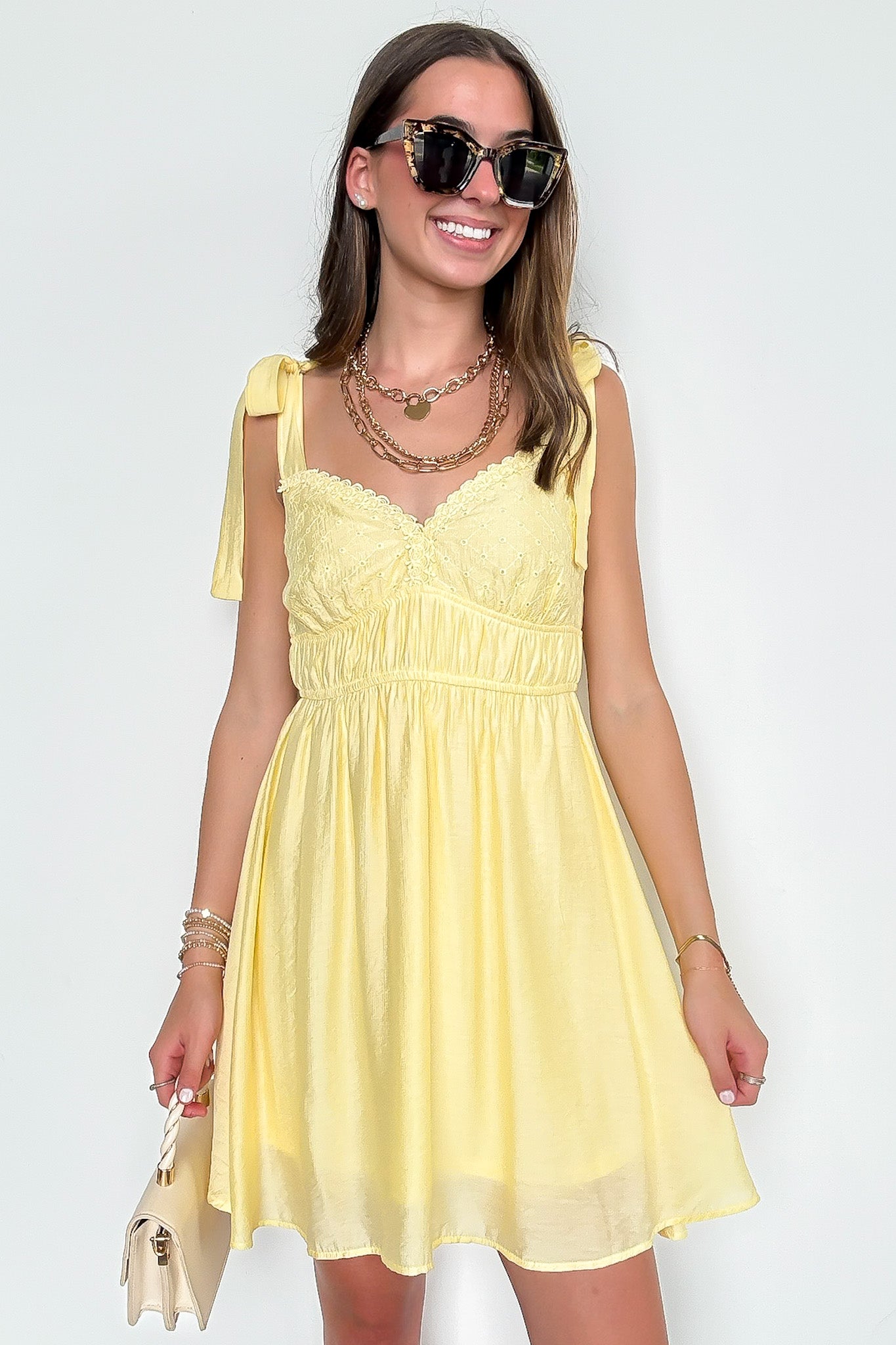 Eyelet Detail Lace Trim Tie Strap Dress