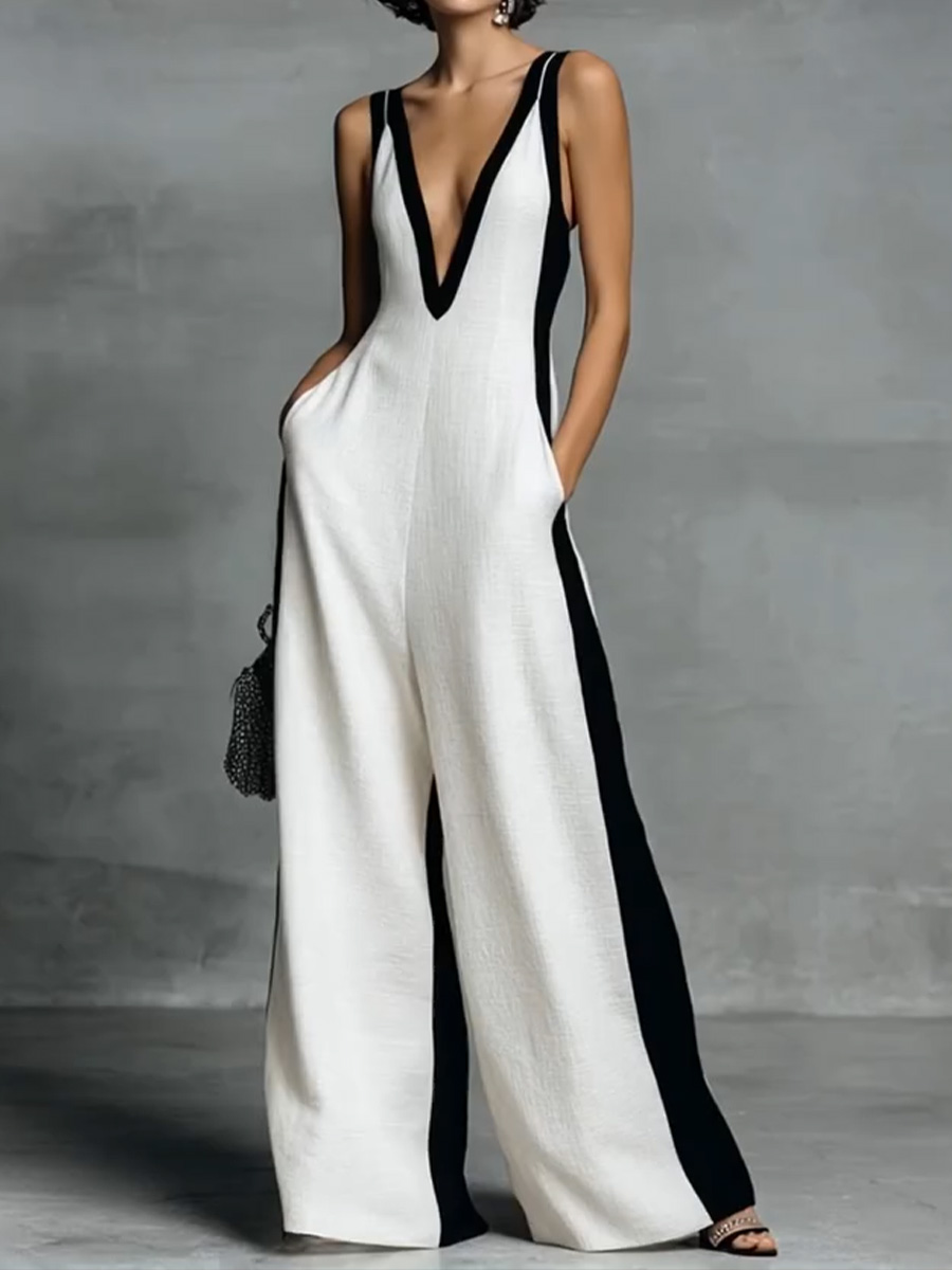Patchwork Linen And Cotton Sleeveless Jumpsuit
