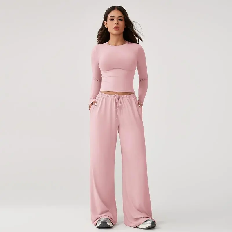 Women's 2-Piece Activewear Set Long-Sleeve Crop Top & Wide-Leg Pants Stretchy Fabric