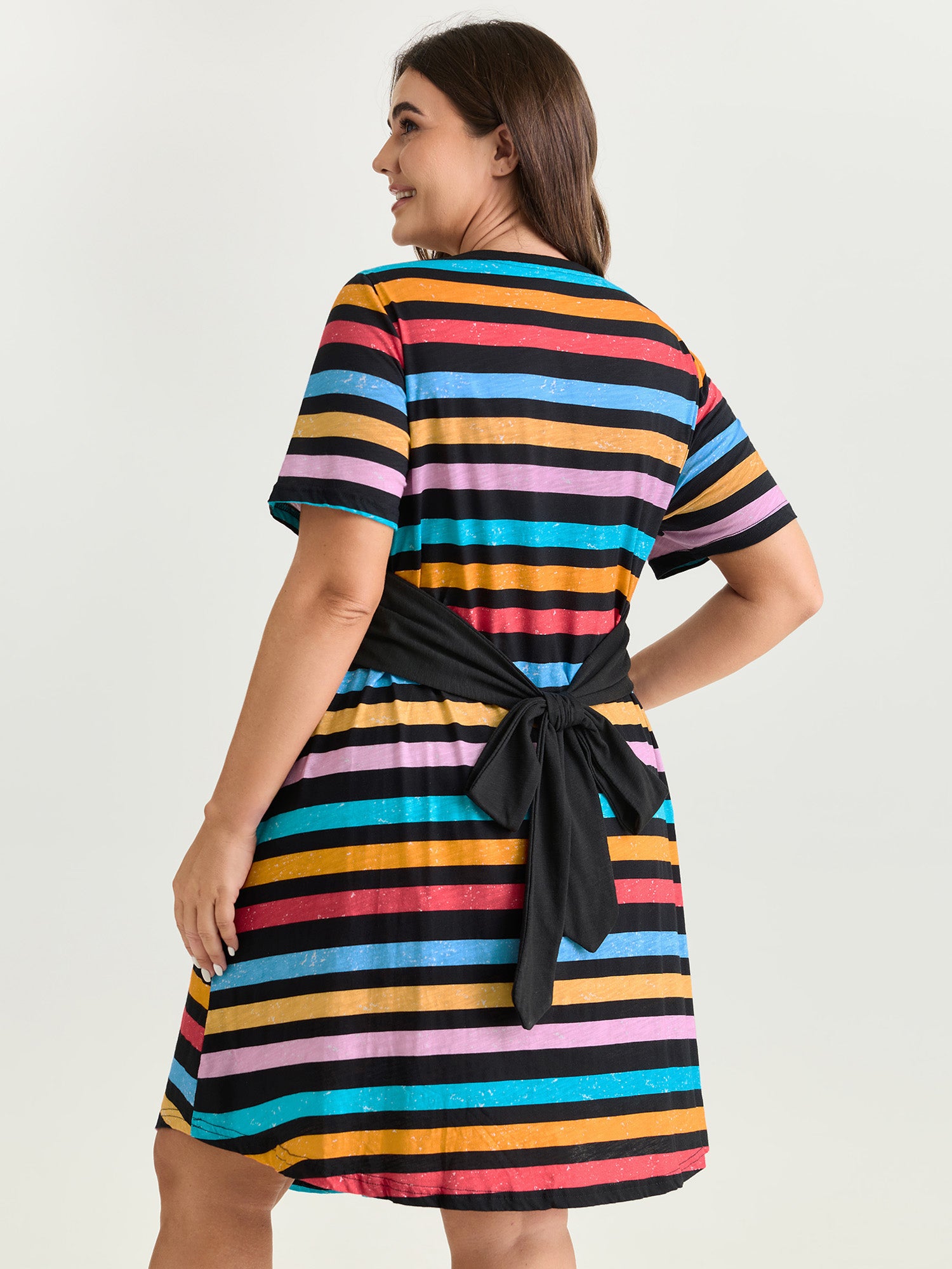 Cotton Stretchy Colorful Striped V-Neckline Midi Dress