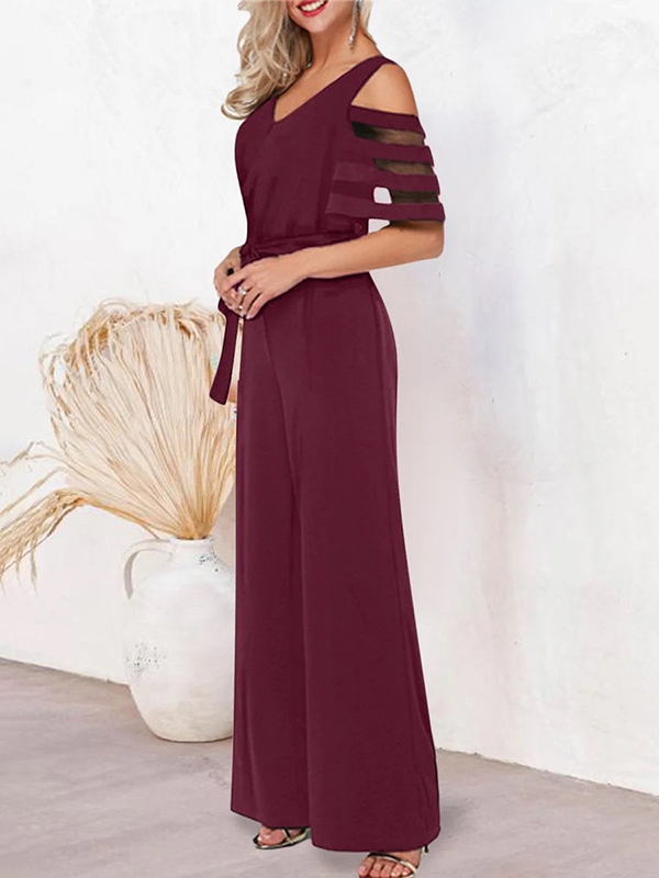 Hollow Mesh Solid Color Tied Waist High Waisted Loose V-Neck Jumpsuits