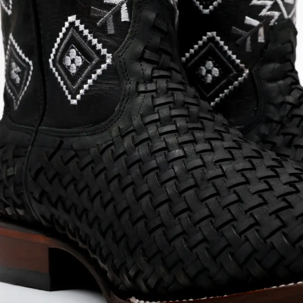 Black Basketweave Leather Boots - Square Toe