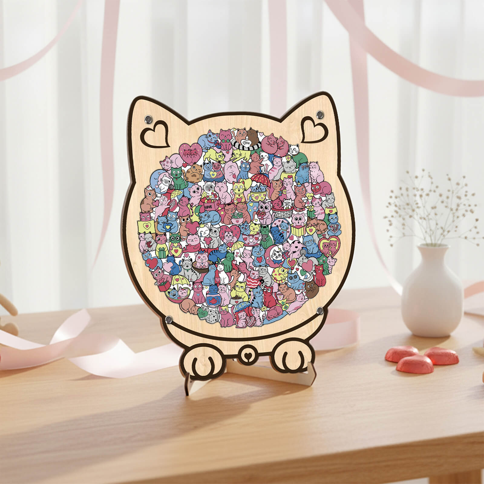 Cute Lover Cat Shaped Wooden Jigsaw Puzzle