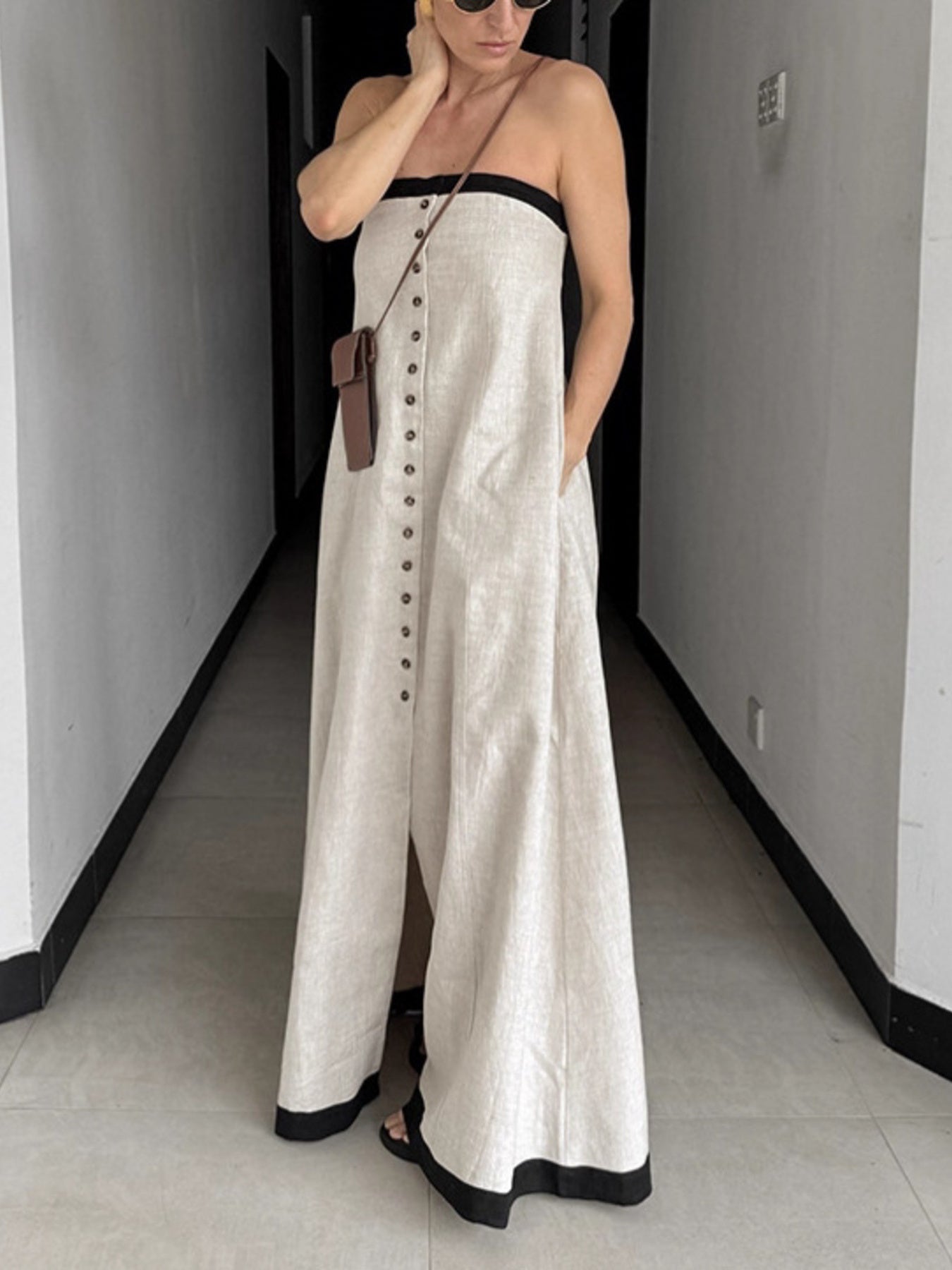 Contrast Trim Button Front Tube Maxi Dress