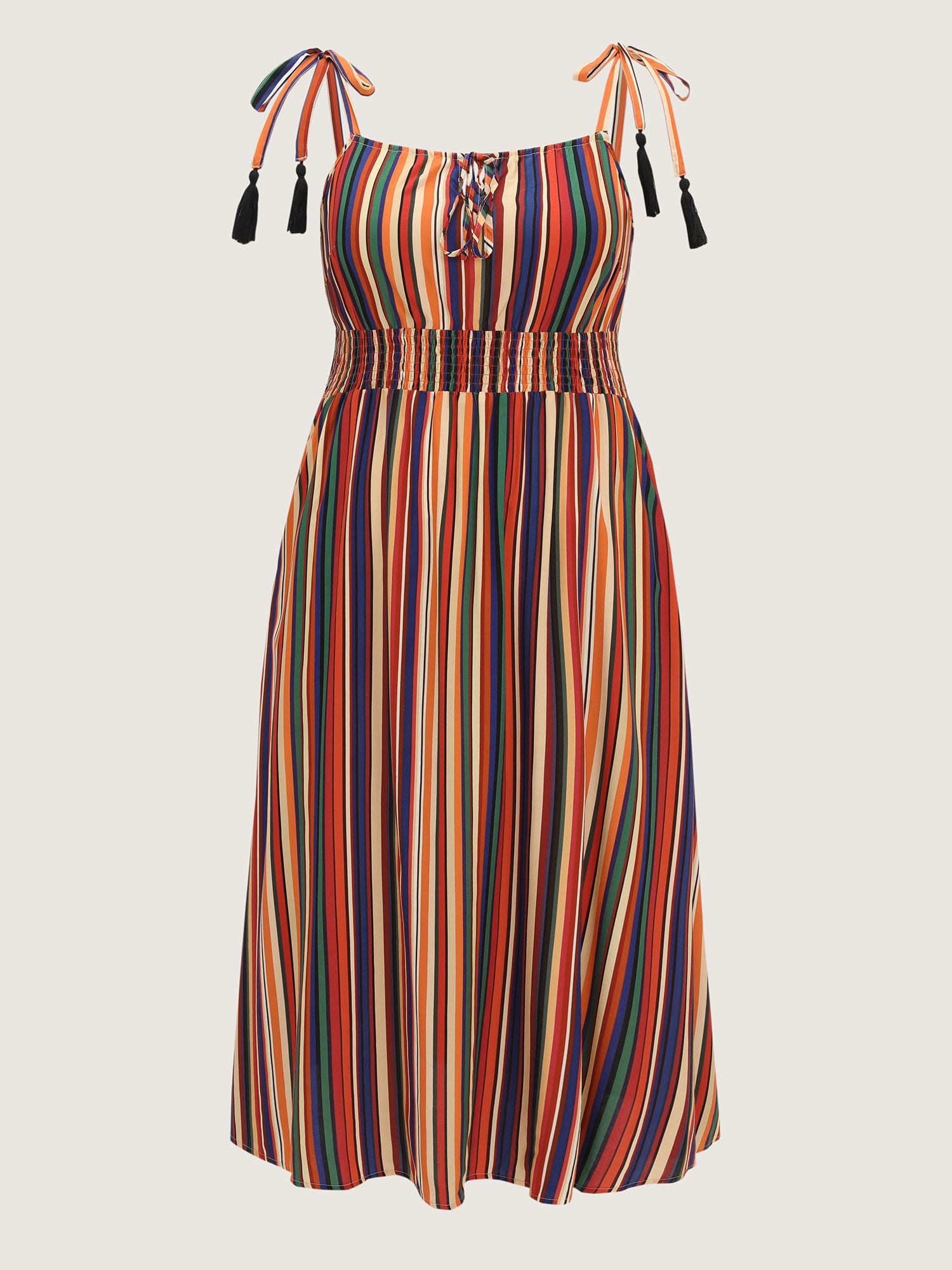 Colorful Stripe Shirred Waist Shoulder Tie Maxi Dress