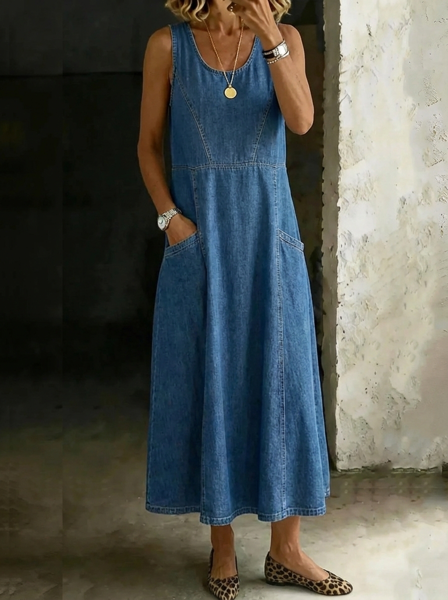 Women's Retro Round Neck Sleeveless Casual Loose Denim Vest Dress