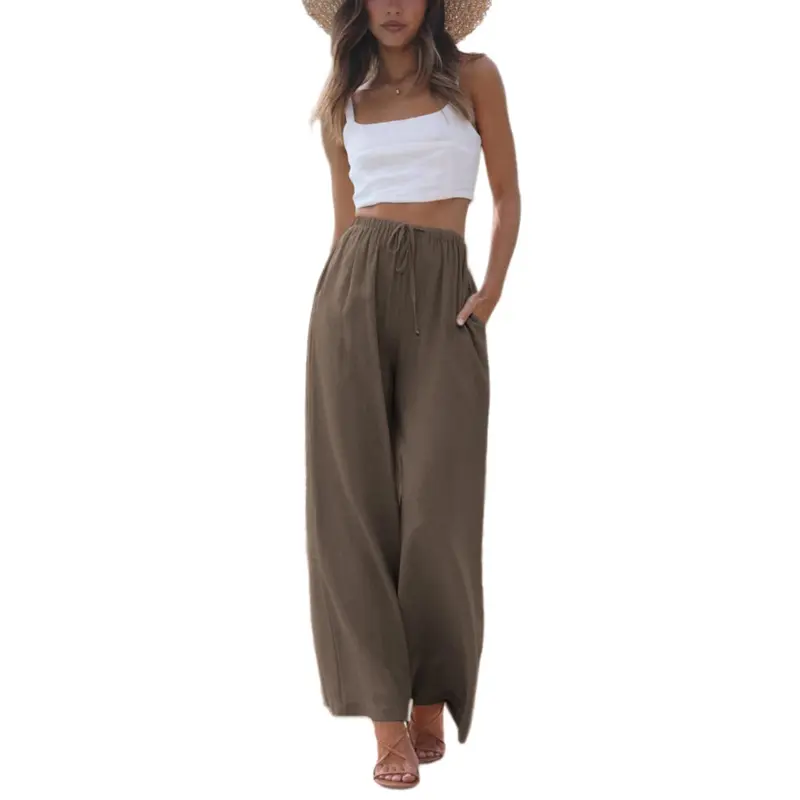 Women's Cotton Linen Summer Palazzo Pants Flowy Wide Leg Beach Trousers with Pockets Casual Womenswear