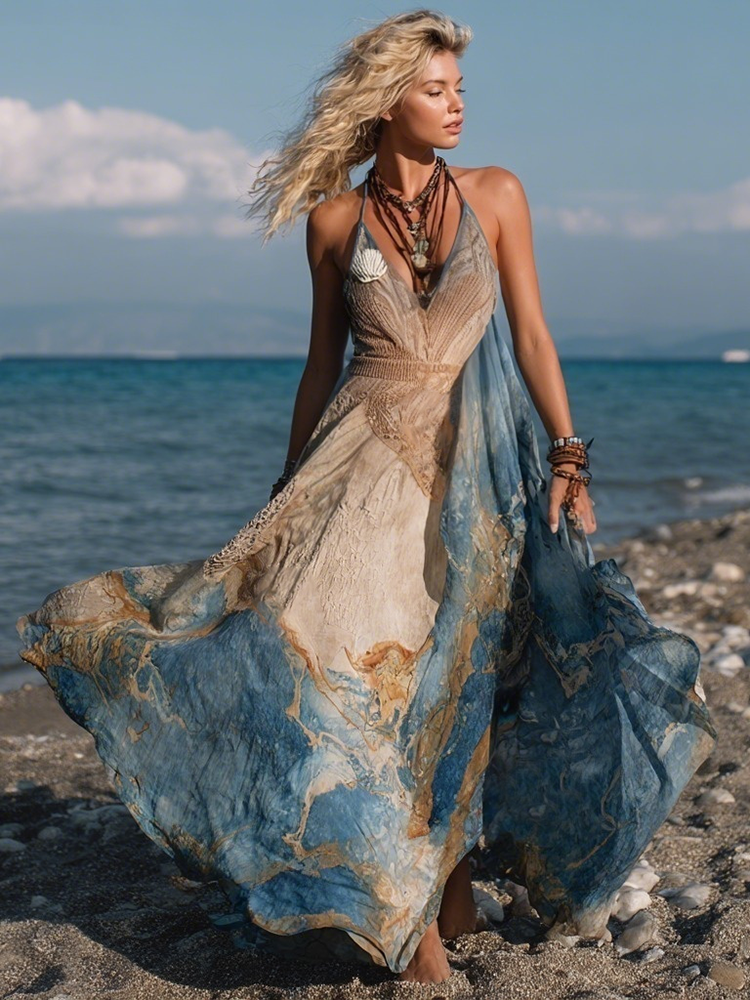 Vintage Marble Texture Collection Retro Bohemia Inspired By The Ocean Pattern Linen Maxi Dress