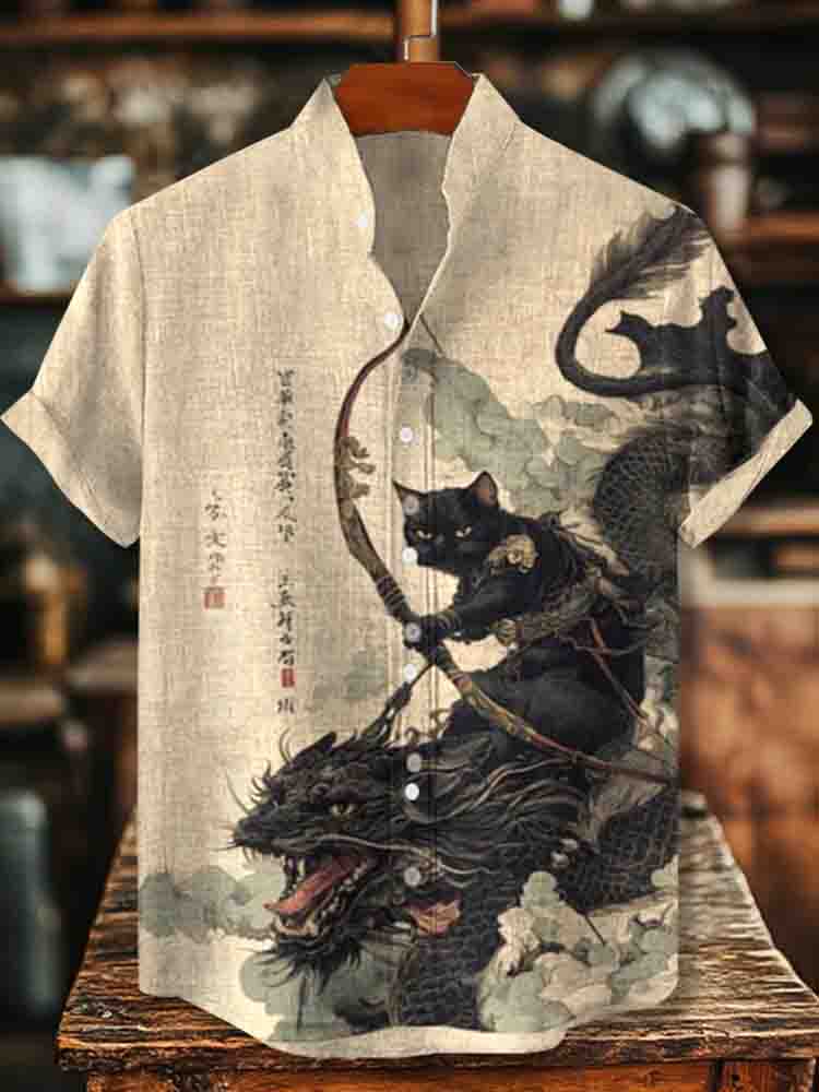 Vintage Black Cat Samurai Riding A Dragon Art Print Casual Cotton Shirt