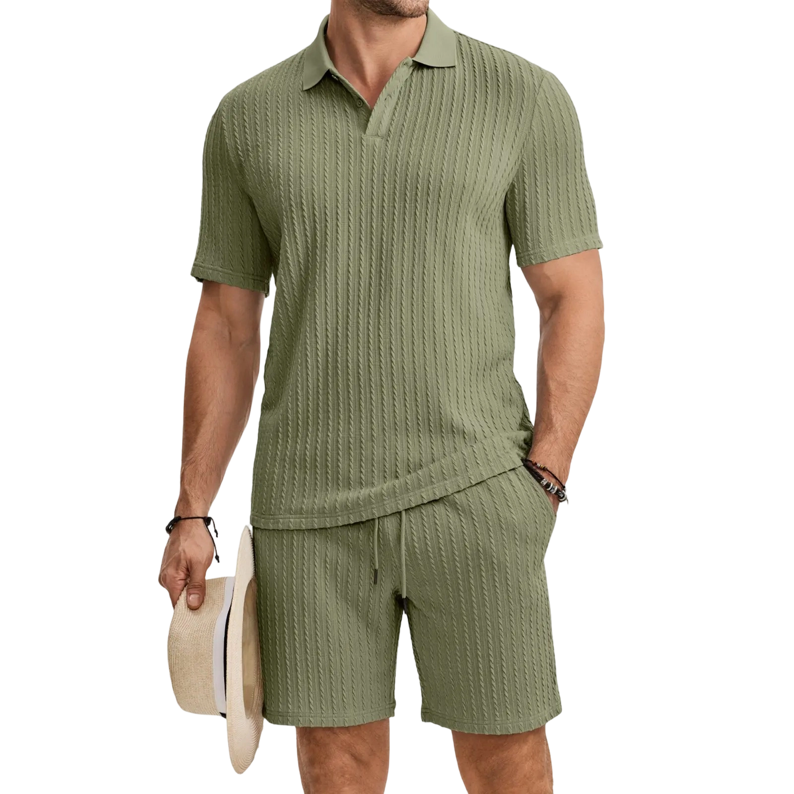 Men 2 Piece Jacquard Knit Lounge Sets Short Sleeve Polo Shirt and Shorts Sets Summer Outfits with Pockets