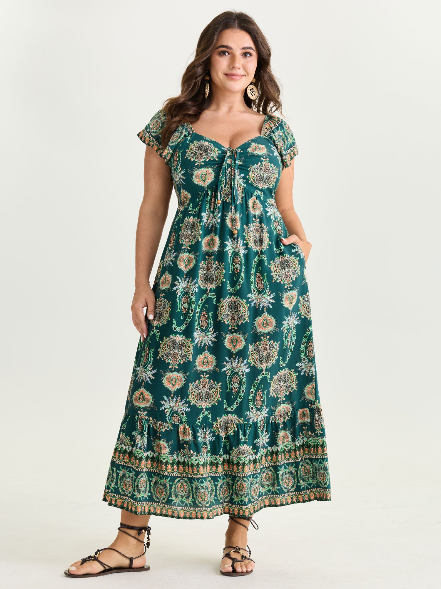 Paisley Print Ruched Adjustable Bodice Maxi Dress